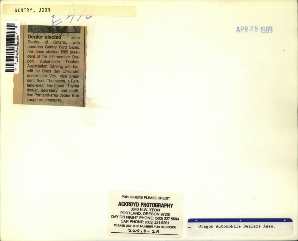 1983 Press Photo John Gentry of Ontario, Gentry Ford Sales, 1989 presi