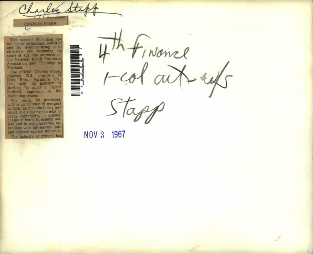 1967 Press Photo Charles Stapp President Of Koos Bros, Furniture Co