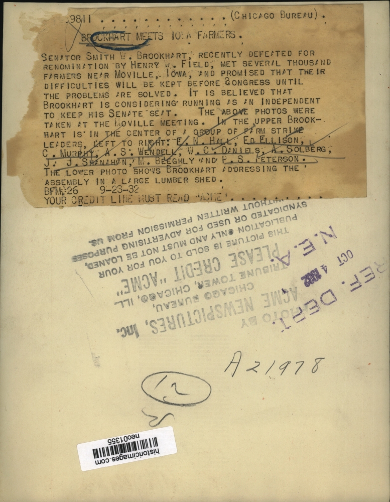 Senator Smith Brookhart & farmers in Moville Iowa FN Hall 1932 Vintage