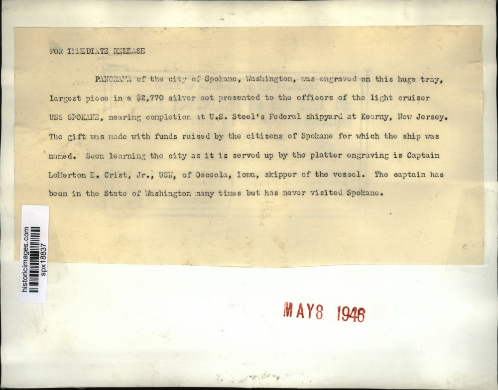 1946 Press Photo Spokane city engraved on silver tray presented to USS